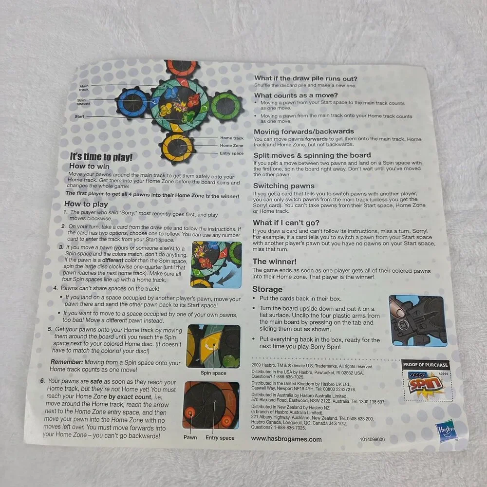Sorry!‎ Spin Board Game 2009 Hasbro 100% Complete Family Strategy Game